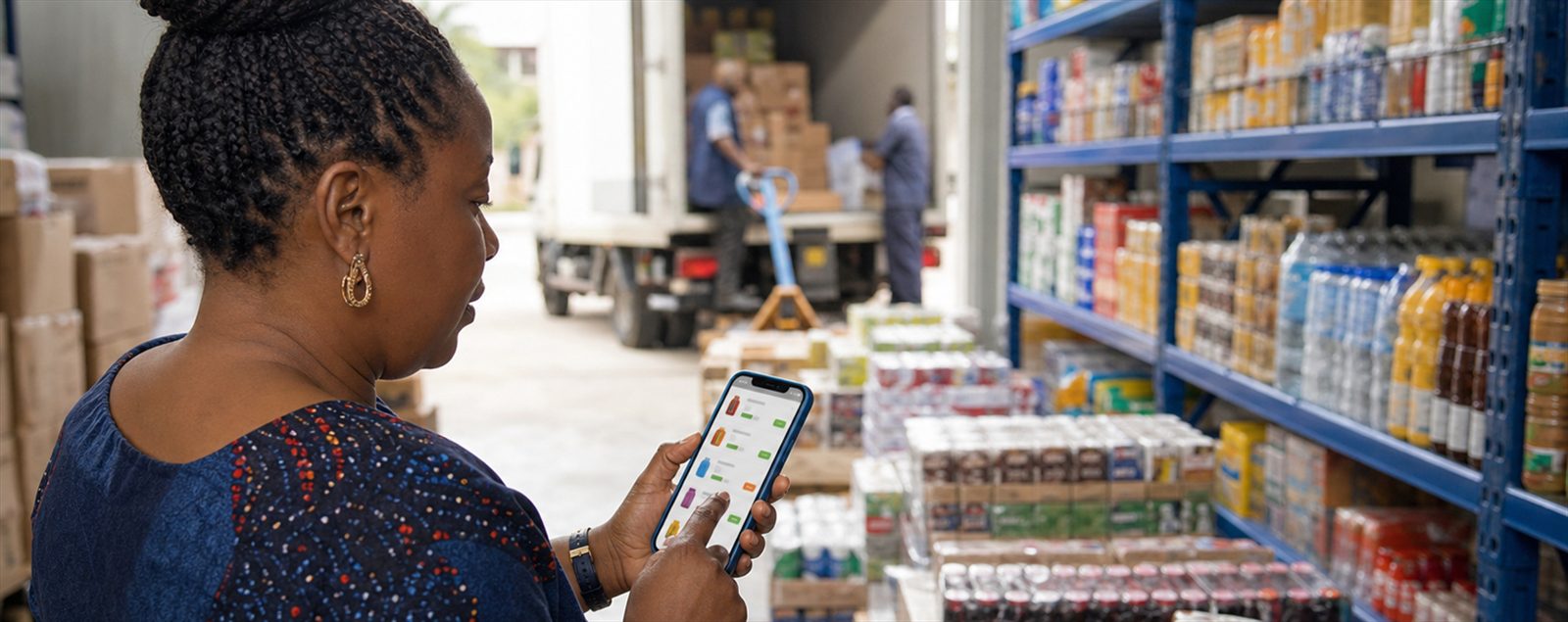 A distributor places an order on a mobile app in a stocked retail aisle while goods are unloaded from a delivery truck behind her.