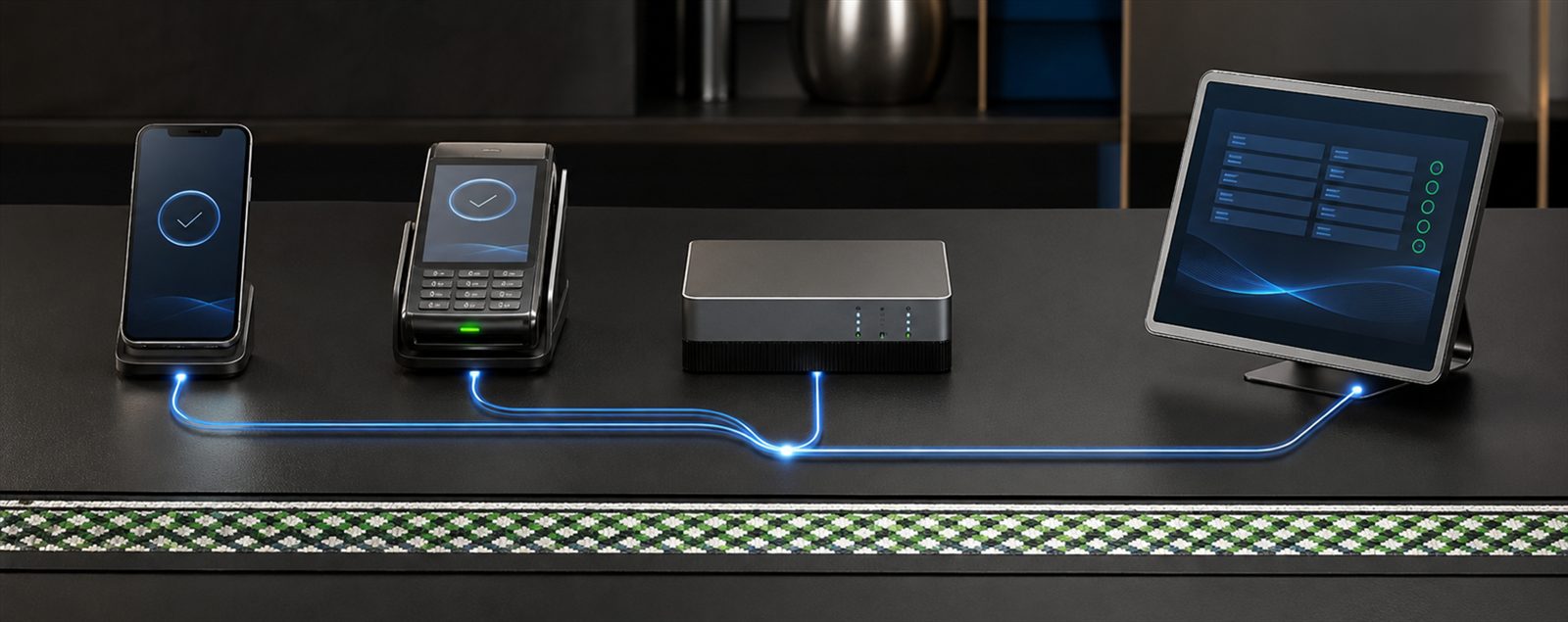 A smartphone, card payment terminal and monitor linked by glowing data lines on a dark surface, showing digital collections flowing into a central system.
