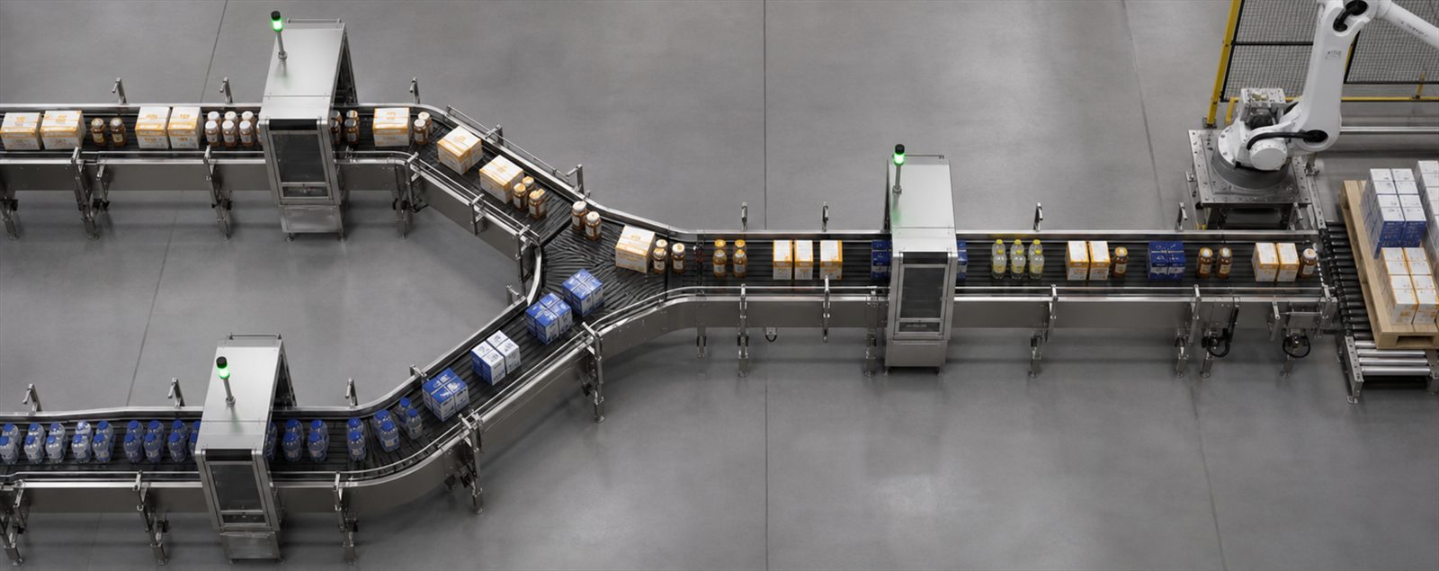 Several separate conveyor lines merging into one unified conveyor in a factory, representing multiple entities consolidated onto a single SAP instance.