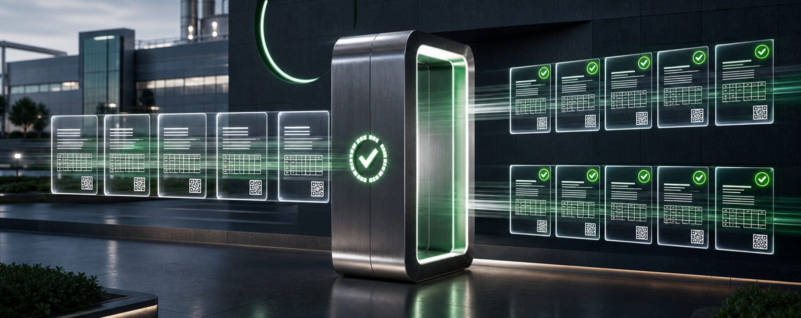 Digital invoices marked with green approval checks and QR codes passing through a glowing validation gateway, representing automated e-invoicing compliance.