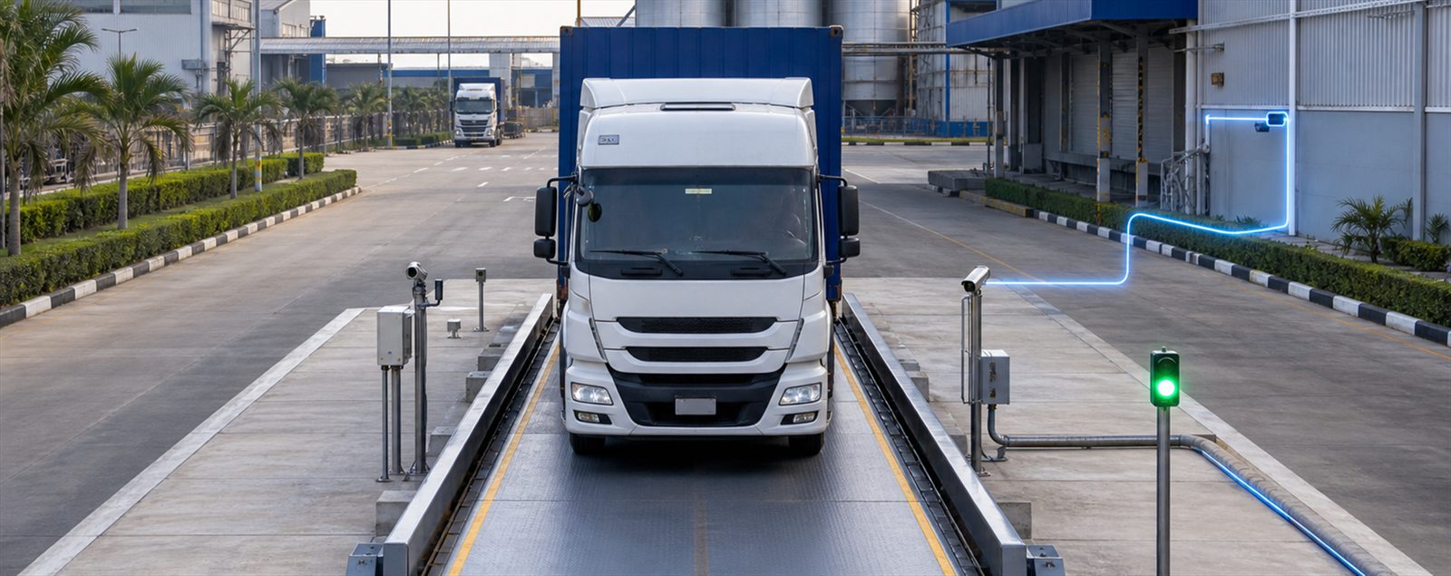 A truck on a weighbridge at a plant gate with a green clearance signal and a glowing data link, representing real-time logistics control.