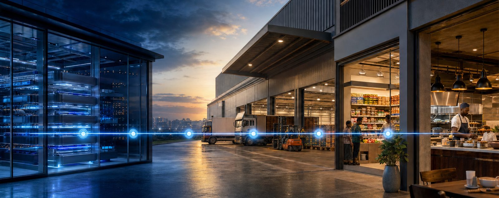 A row of connected retail and warehouse buildings at dusk linked by glowing data lines, representing an upgraded SAP S/4HANA platform.