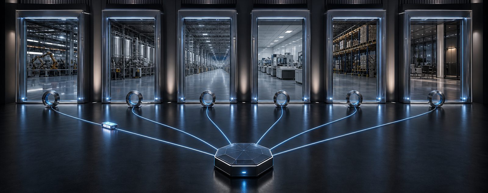 Glowing access pathways radiating from a central hub to a row of secured gateways in a facility, representing governed SAP access and segregation of duties.