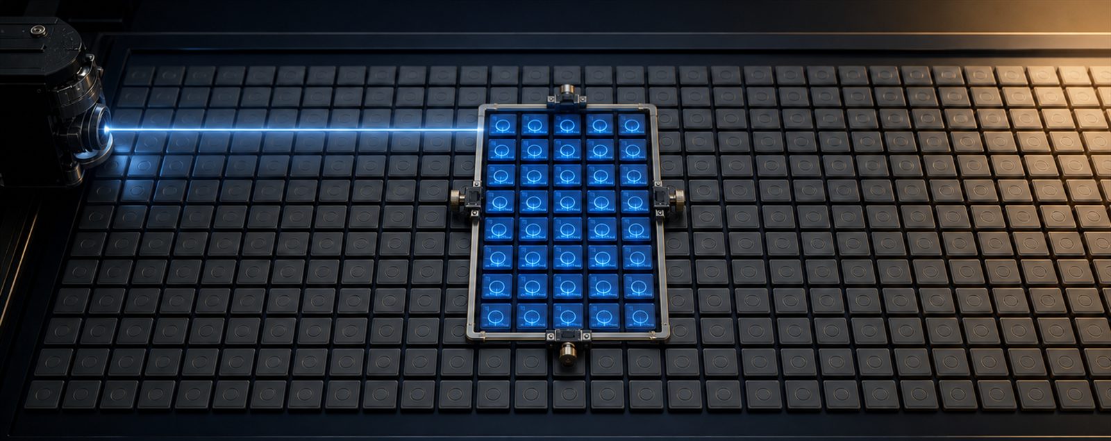 An illuminated cluster of active cells highlighted within a larger dark grid, representing SAP licences right-sized to actual usage.