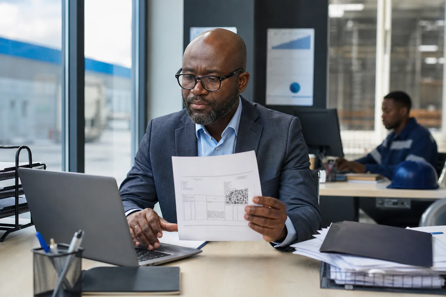 A Nigerian finance controller reviews a digitally validated enterprise invoice for compliance and audit readiness.