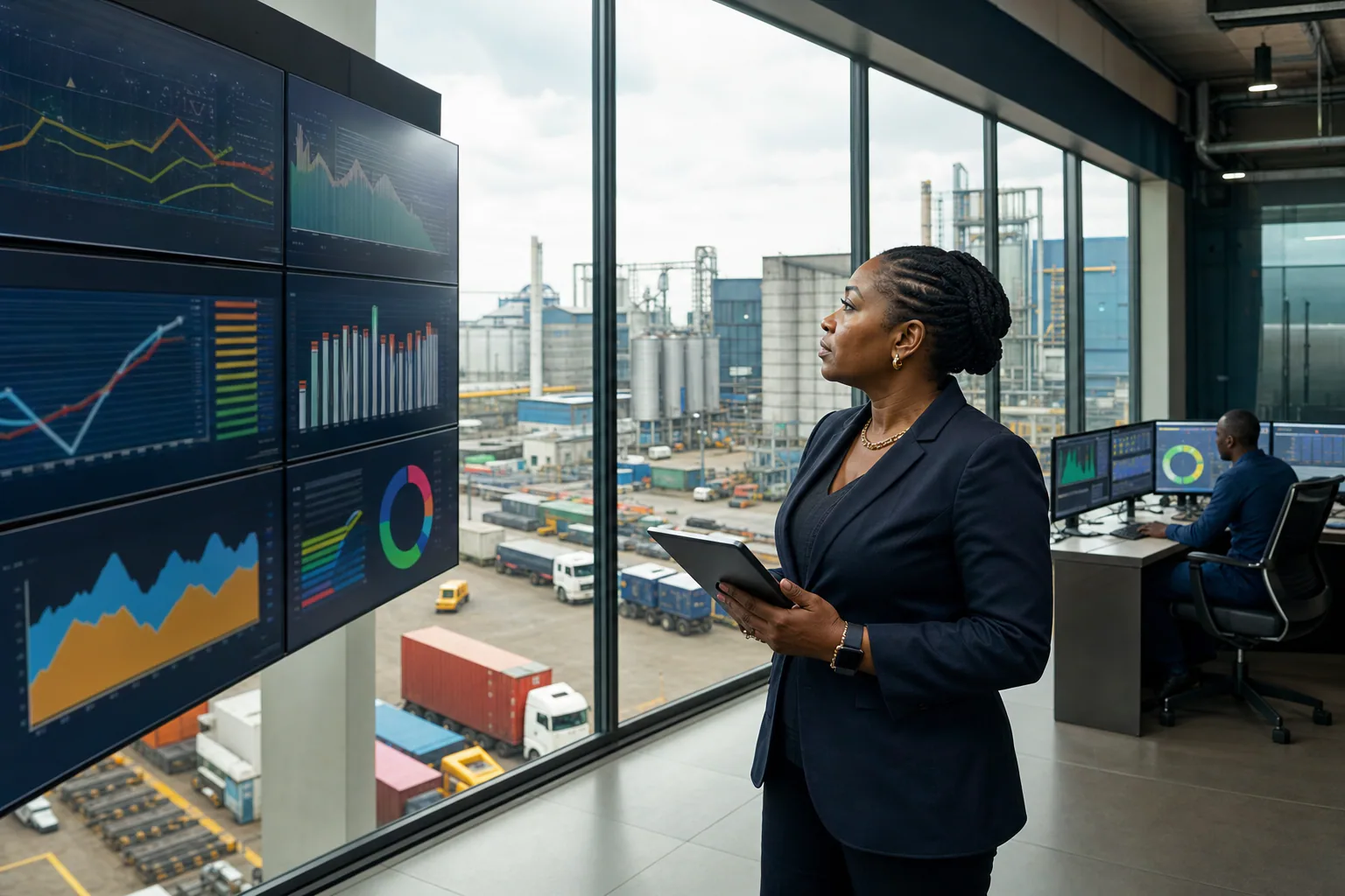 A Nigerian operations executive compares live manufacturing activity with real-time performance information.
