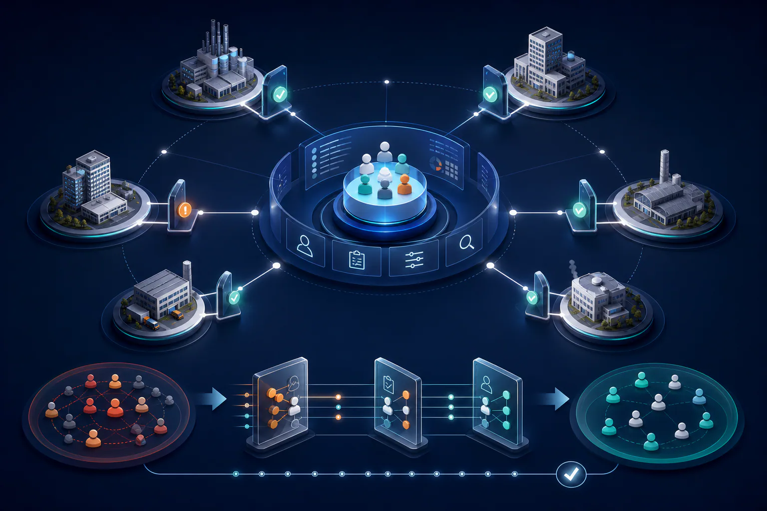 An enterprise access-governance model connects controlled user roles to six business entities.