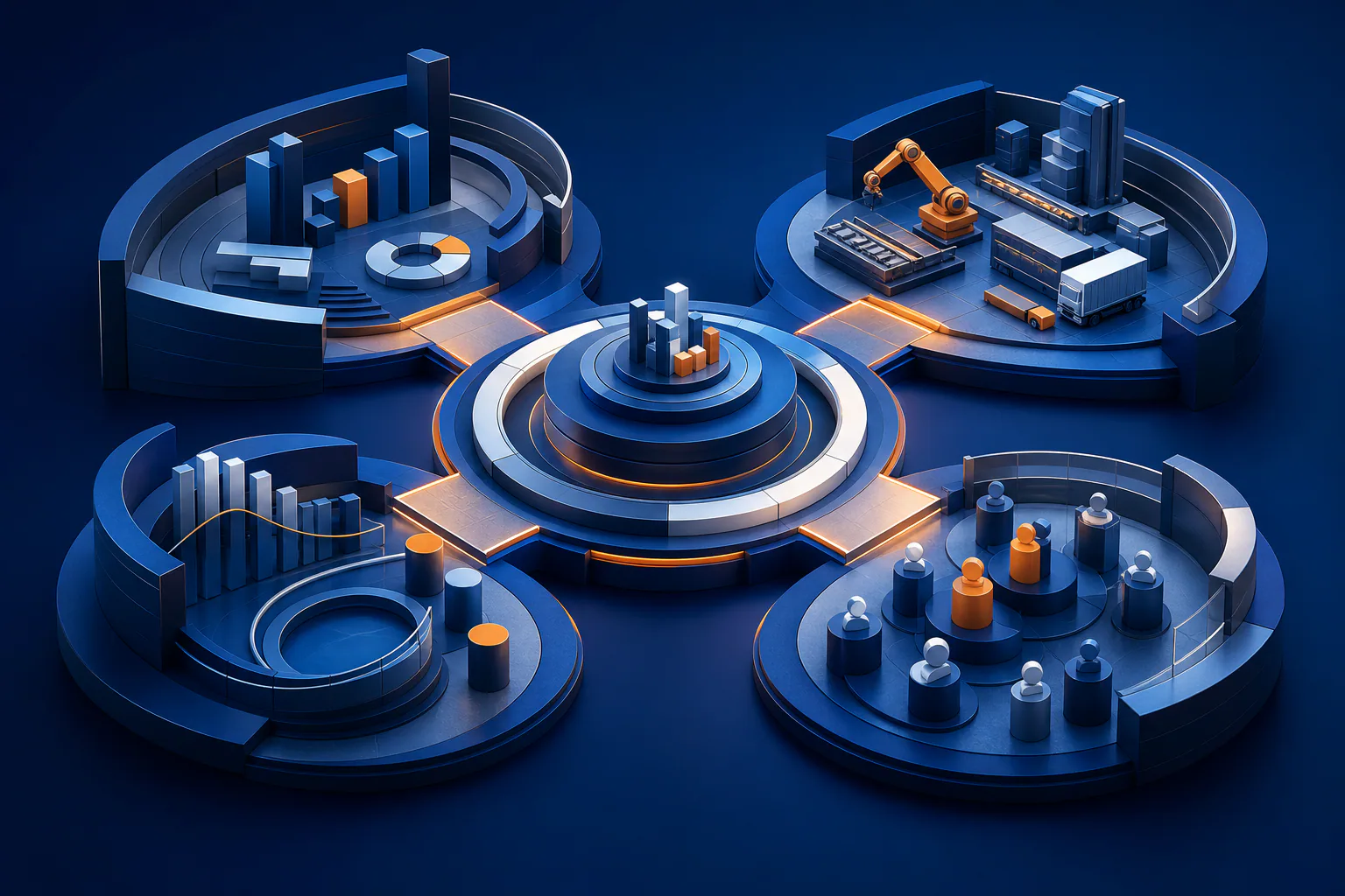 A connected enterprise transformation system linking strategy, manufacturing, analytics and workforce capabilities.
